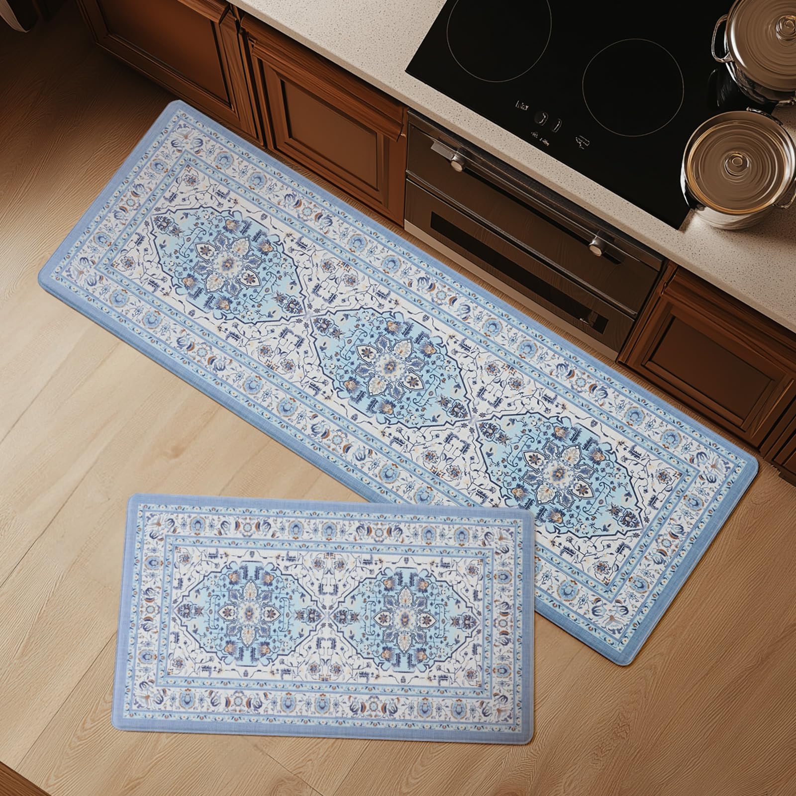FRESHMINT Anti Fatigue Kitchen Mats for Floor 2 Piece Set, Waterproof & Non-Skid Vintage Floarl Kitchen Rugs, Cushioned Kitchen Mat for Standing Washable Comfort Desk Kitchen Runners, 17x30''+17x47''