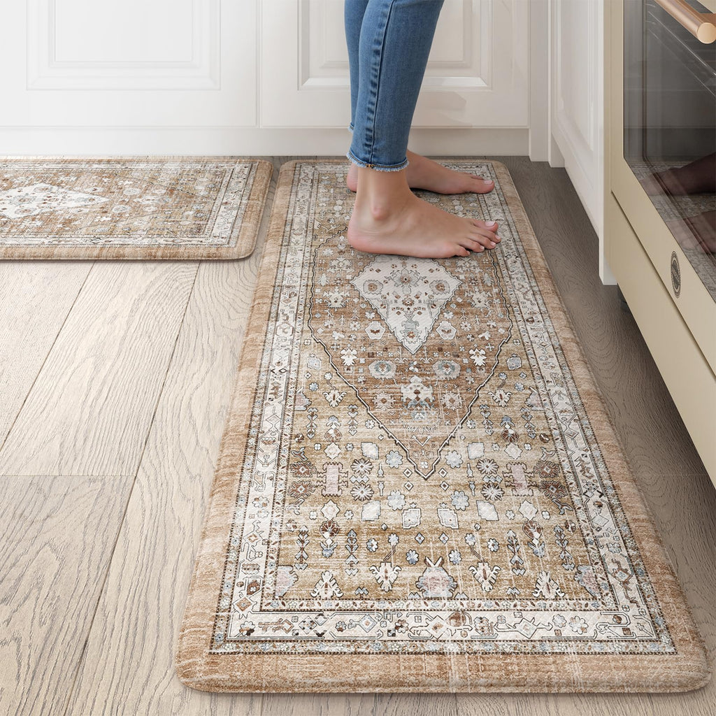 Collive Boho Kitchen Mats 2PCS, Cushioned Kitchen Mat for Floor Anti Fatigue Waterproof Kitchens Rugs Set of 2, Non Skid Comfort Standing Rug for Office, Sink, Laundry, 17.3"x29"+17.3"x47"