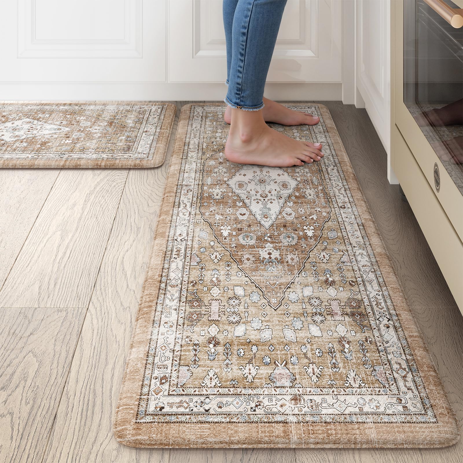 Collive Boho Kitchen Mats 2PCS, Cushioned Kitchen Mat for Floor Anti Fatigue Waterproof Kitchens Rugs Set of 2, Non Skid Comfort Standing Rug for Office, Sink, Laundry, 17.3"x29"+17.3"x47"
