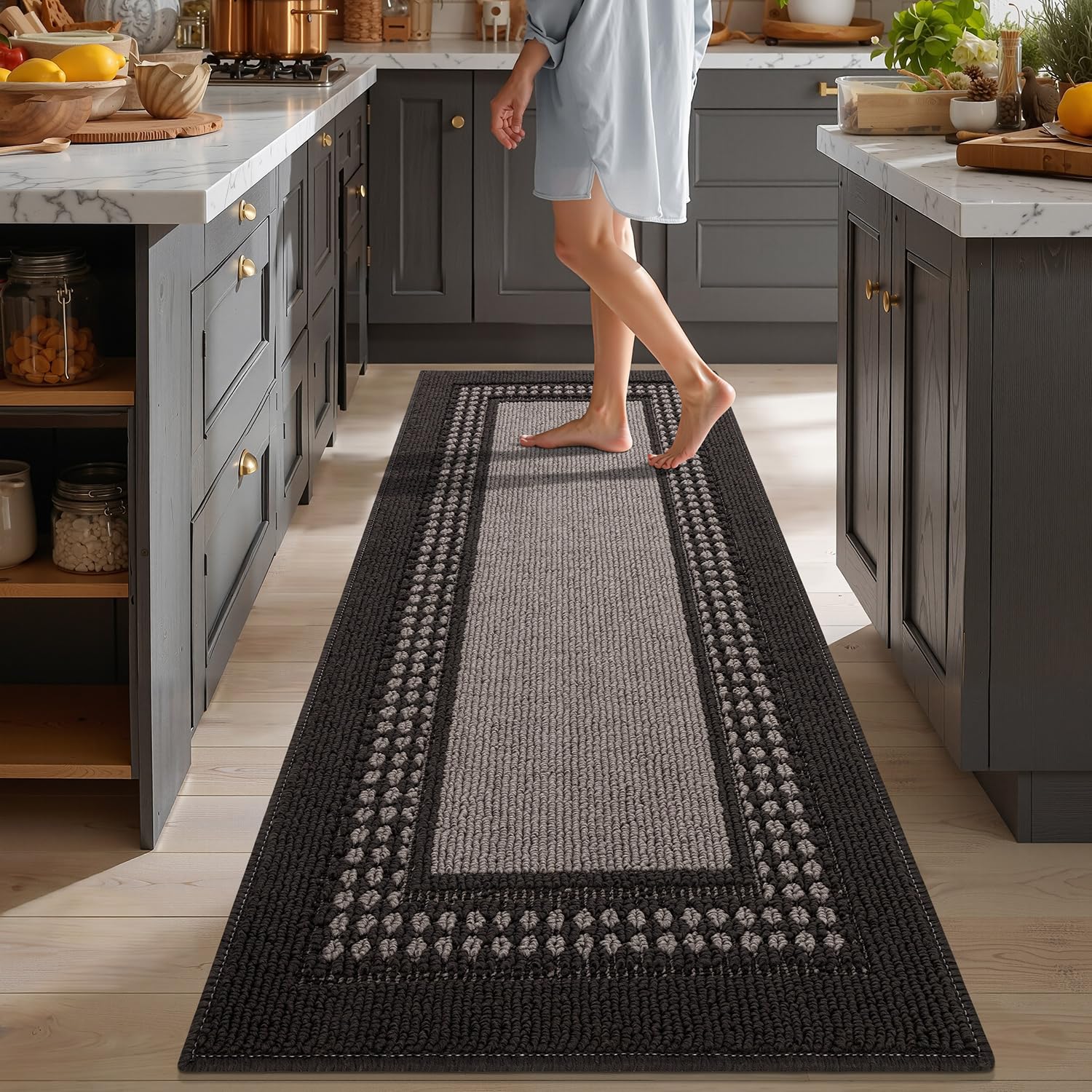 hicorfe Kitchen Runner Rugs,Set of 2 Non Slip Kitchen Mats for Floor,Vintage Stain Resistant Kitchen Mat Floor Carpet for Hallways Entryway Laundry Room Washable(20"x59"+20"x48",Grey)