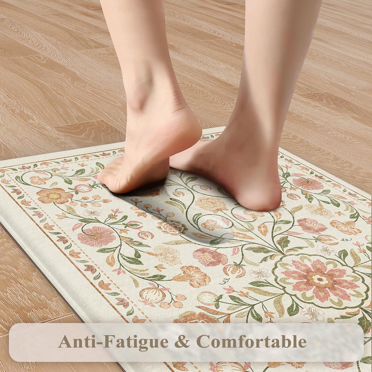 KIMODE Anti Fatigue Mats for Kitchen Floor Non Slip,Farmhouse Boho Floral Standing Kitchen Rugs Sets of 2,Comfort Cushioned Padded Ergonomic Carpet for Laundry Sink Office,Beige