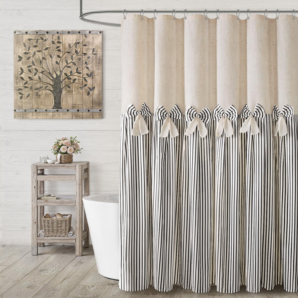 Farmhouse Shower Curtain Linen Beige Button Woven Fabric Country Rustic Western, Pleated Brown Stripe 72" W x 72" L