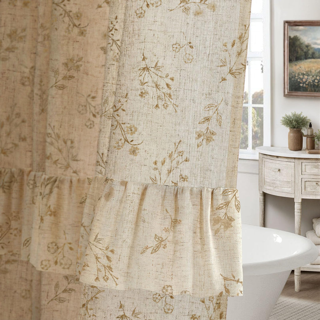 Floral Farmhouse Vintage Linen Shower Curtain, French Country Spring Shower Curtains for Bathroom, 72Wx72H