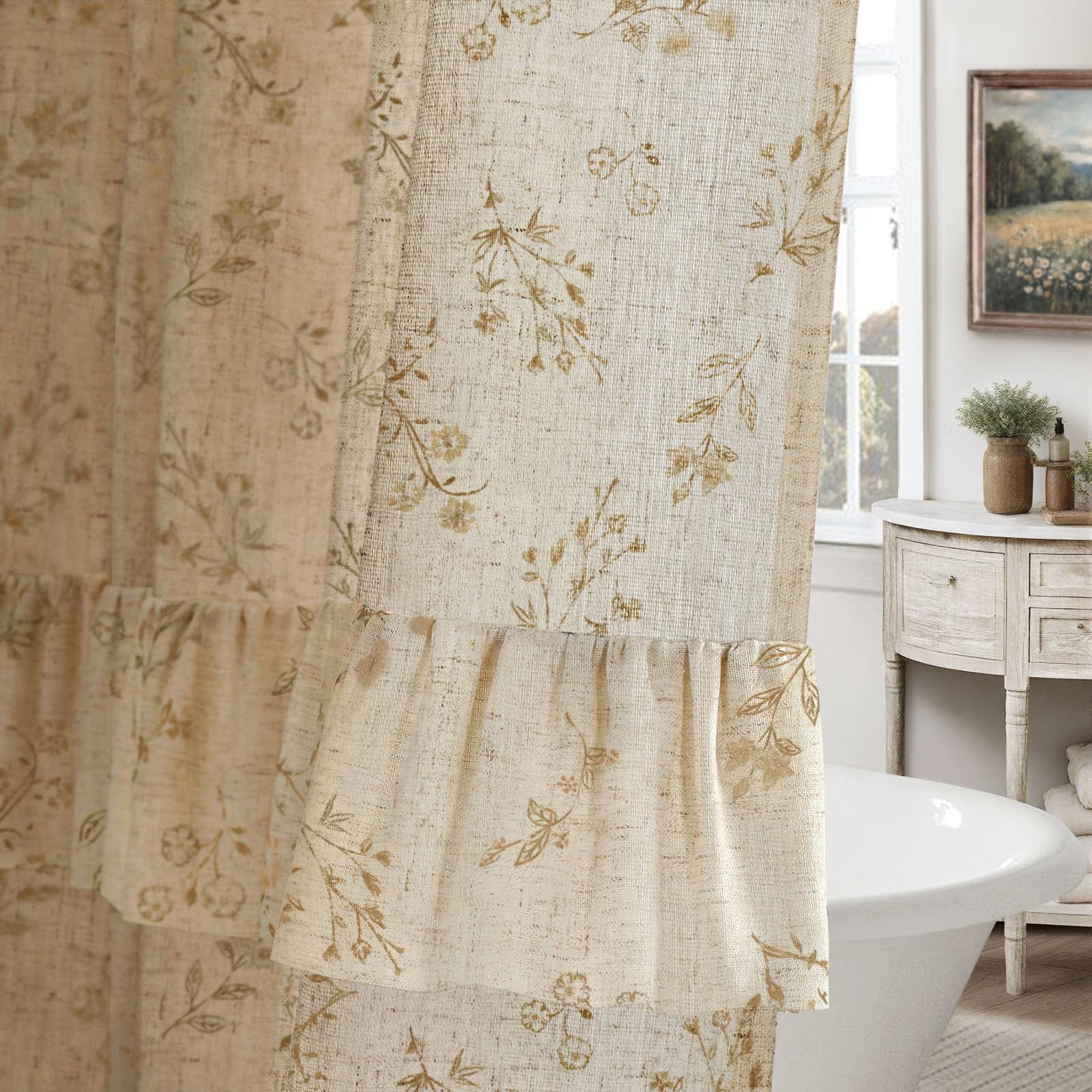 Floral Farmhouse Vintage Linen Shower Curtain, French Country Spring Shower Curtains for Bathroom, 72Wx72H