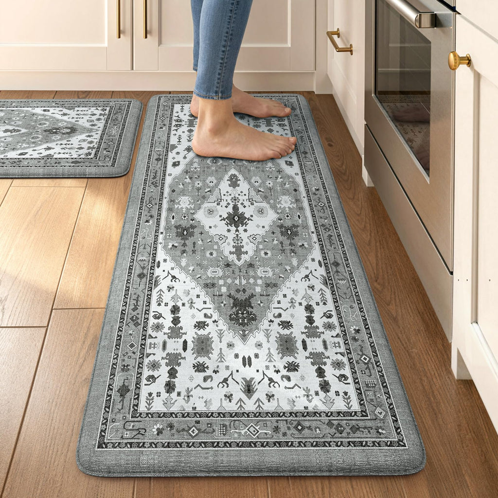 Collive Boho Kitchen Mats 2PCS, Cushioned Kitchen Mat for Floor Anti Fatigue Waterproof Kitchens Rugs Set of 2, Non Skid Comfort Standing Rug for Office, Sink, Laundry, 17.3"x29"+17.3"x47"