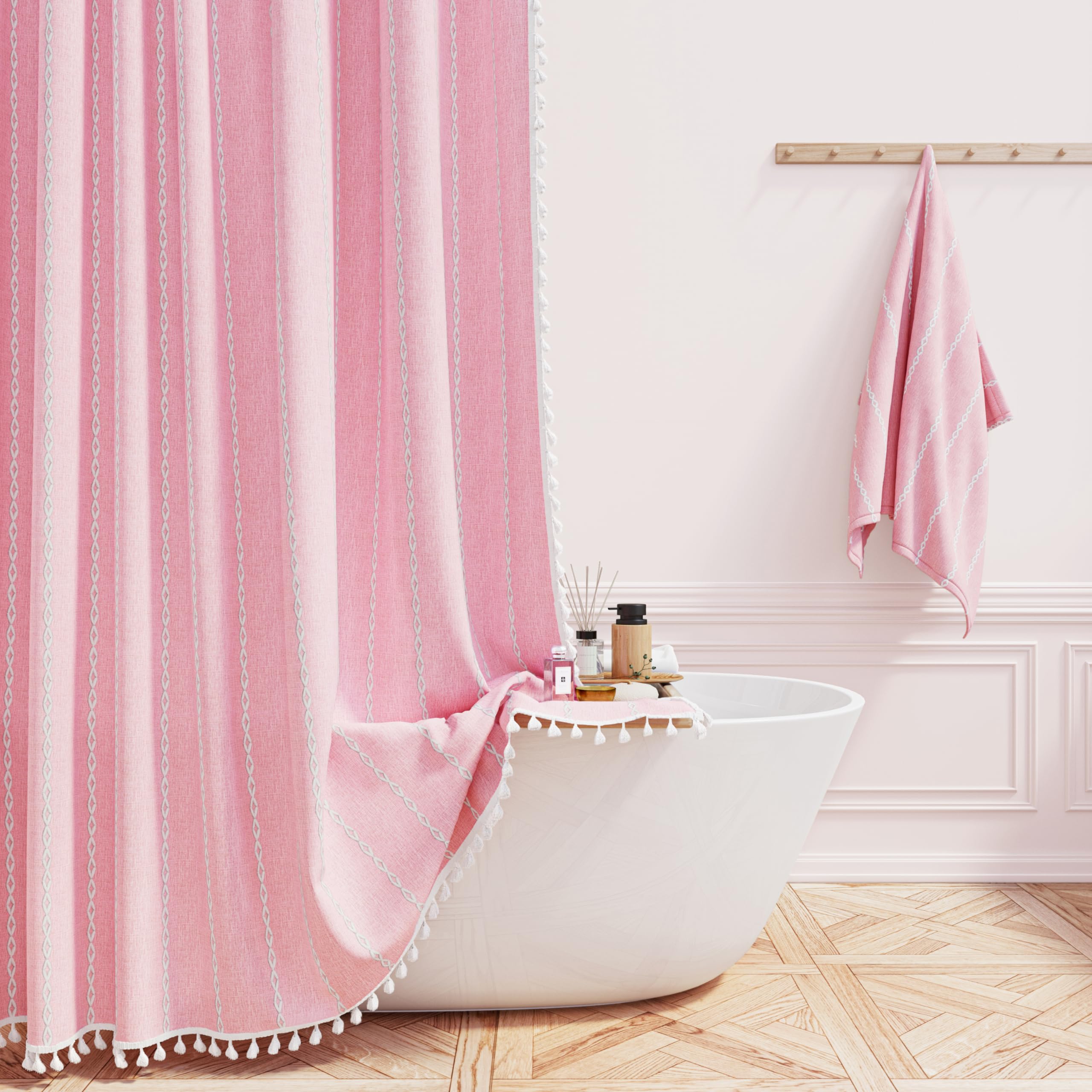 BTTN Boho Farmhouse Shower Curtain, Linen Rustic Weighted Striped Cloth Shower Curtain Set with Tassel, Water Repellent, Bohemian Vintage Country Fabric Shower Curtain for Bathroom, Cream/Beige, 72x72