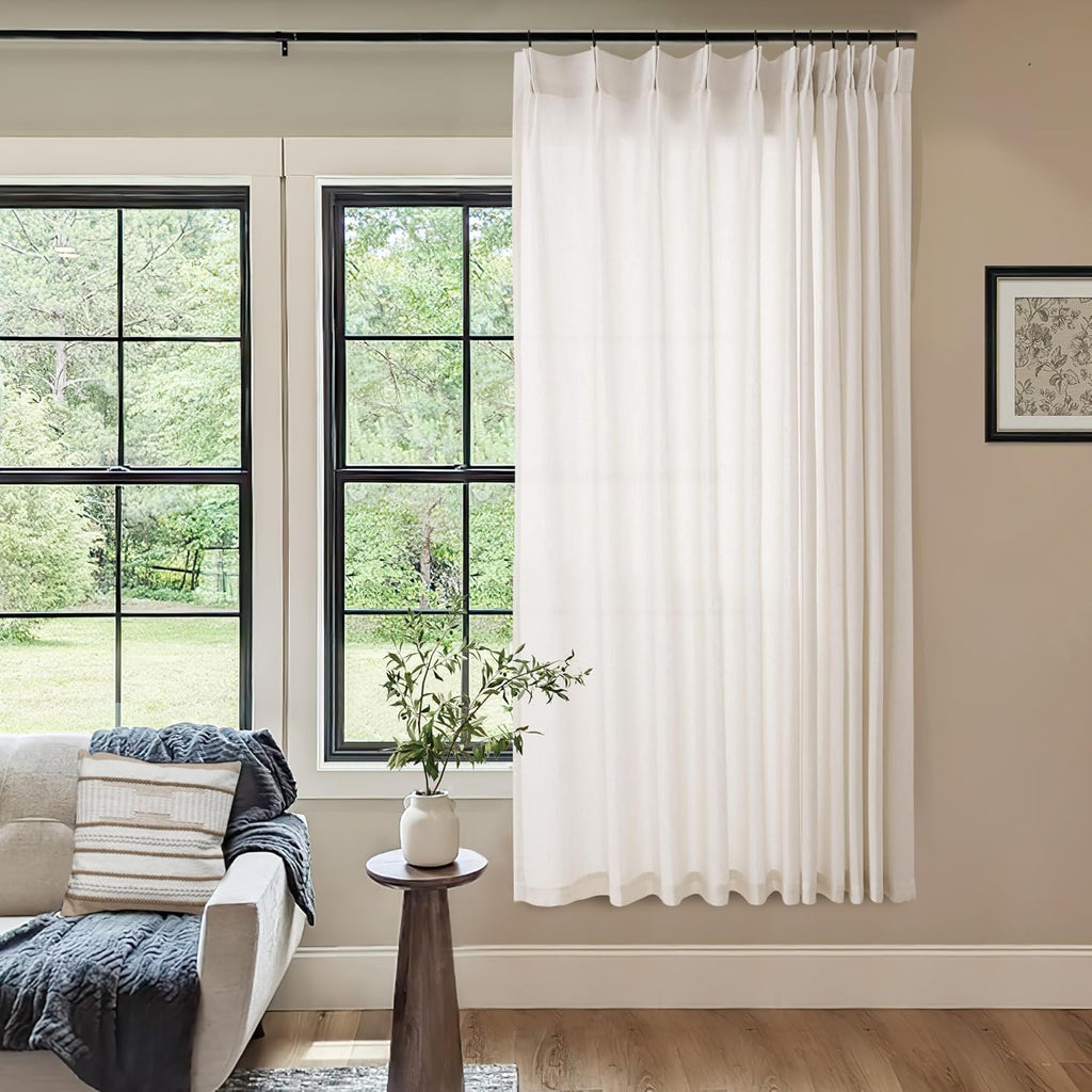 Natural Pinch Pleated Linen Curtains 72 Inches Long 72 Inch Wide for Living Room Bathroom Light Filtering Semi Sheer Shower Bath Curtain 72x72 Boho Neutral Pinch Pleated Drape Hooks Rings 1 Panel