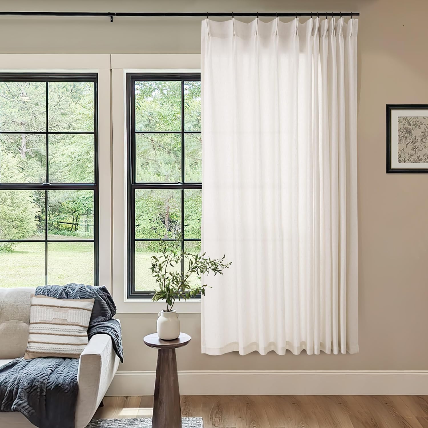 Natural Pinch Pleated Linen Curtains 72 Inches Long 72 Inch Wide for Living Room Bathroom Light Filtering Semi Sheer Shower Bath Curtain 72x72 Boho Neutral Pinch Pleated Drape Hooks Rings 1 Panel