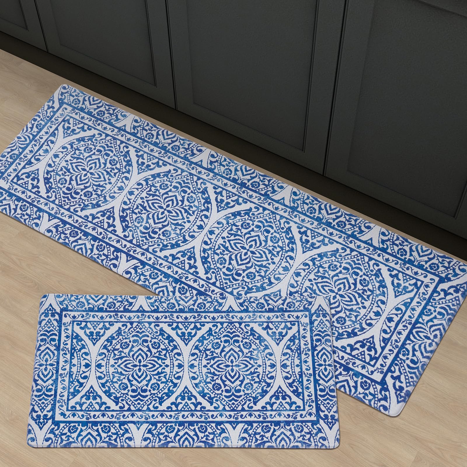FRESHMINT Anti Fatigue Kitchen Mats for Floor 2 Piece Set, Waterproof & Non-Skid Vintage Floarl Kitchen Rugs, Cushioned Kitchen Mat for Standing Washable Comfort Desk Kitchen Runners, 17x30''+17x47''