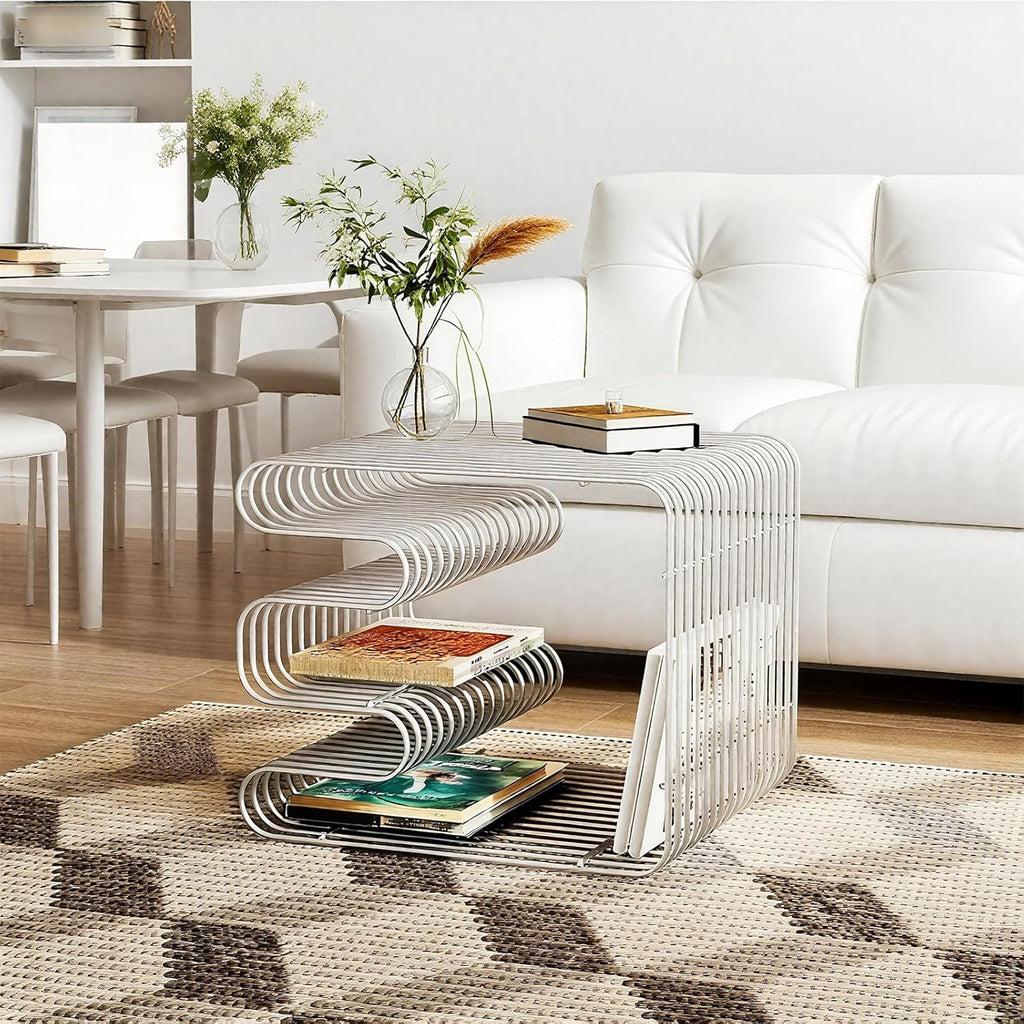 Metal Side Table Stainless Steel Linear Metal Small End Table with Magazine Rack Modern Minimalist Nightstand Stainless Steel End Table with Storage Shelf for Living Room Bedroom Office