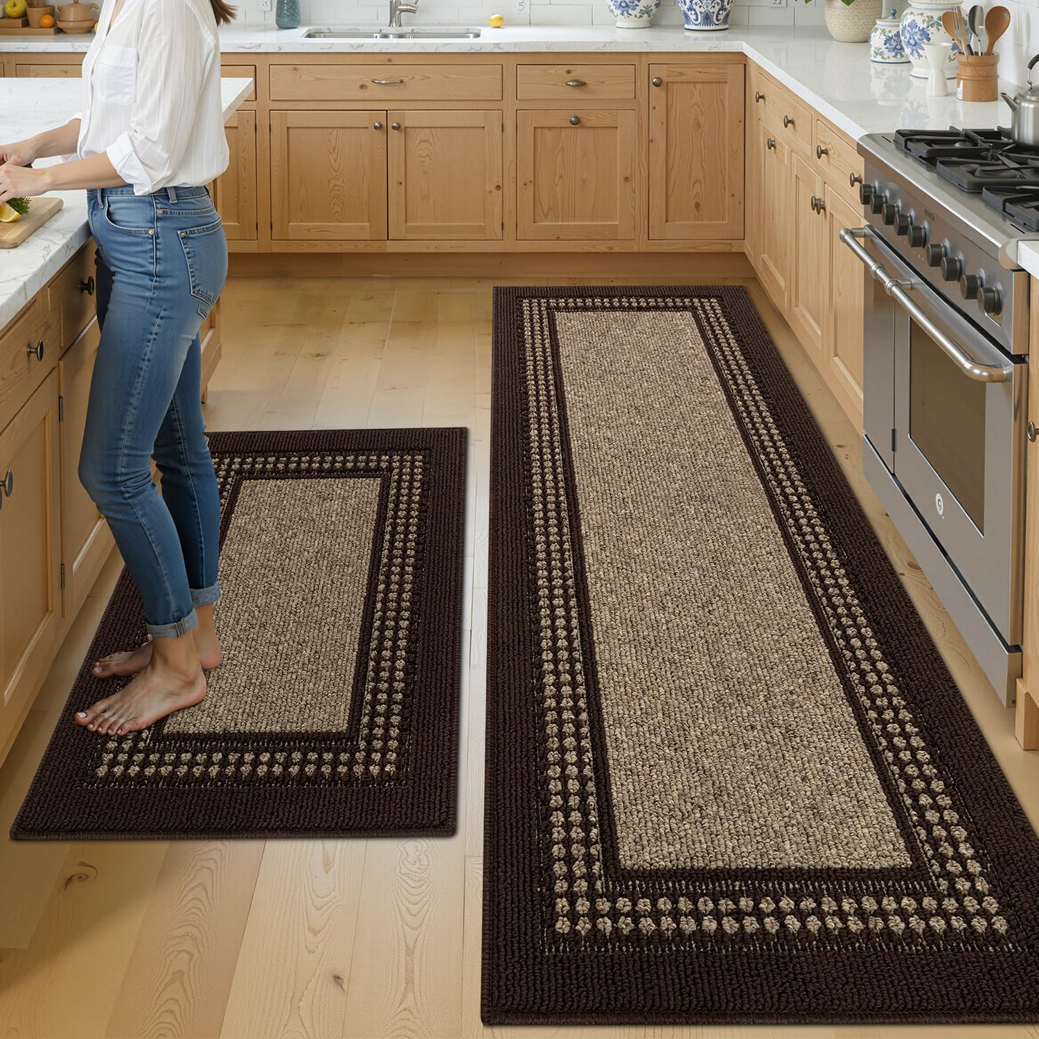 hicorfe Kitchen Runner Rugs,Set of 2 Non Slip Kitchen Mats for Floor,Vintage Stain Resistant Kitchen Mat Floor Carpet for Hallways Entryway Laundry Room Washable(20"x59"+20"x48",Grey)