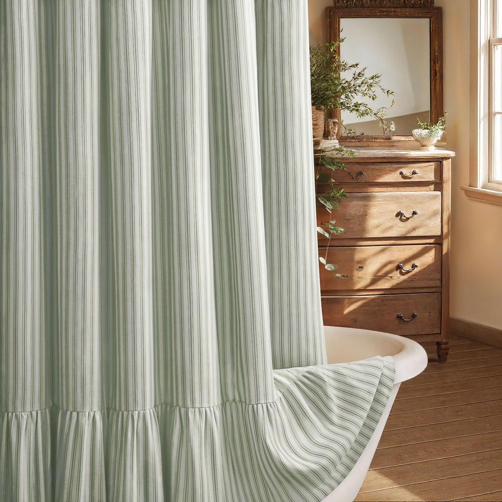 Beige Linen Farmhouse Ruffle Shower Curtain 72"×72", Rustic Boho Country Bathroom Fabric Curtain