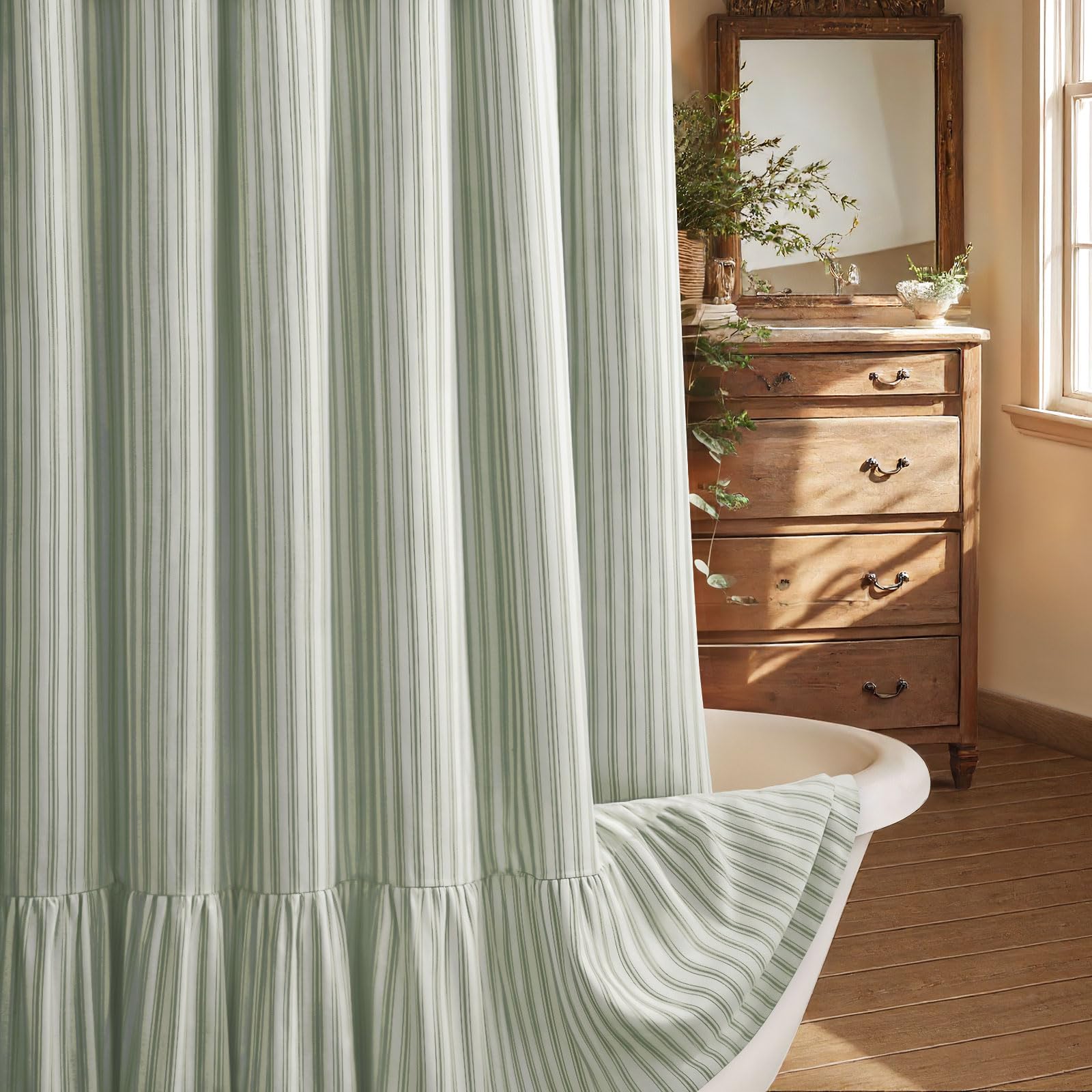 Beige Linen Farmhouse Ruffle Shower Curtain 72"×72", Rustic Boho Country Bathroom Fabric Curtain