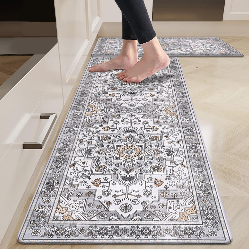 HEBE Anti Fatigue Kitchen Rugs Sets of 2, Non Slip Kitchen Mats for Floor, Waterproof Cushioned Comfort Standing Carpet for Kitchen Sink, Home Office, Laundry Room, Gray
