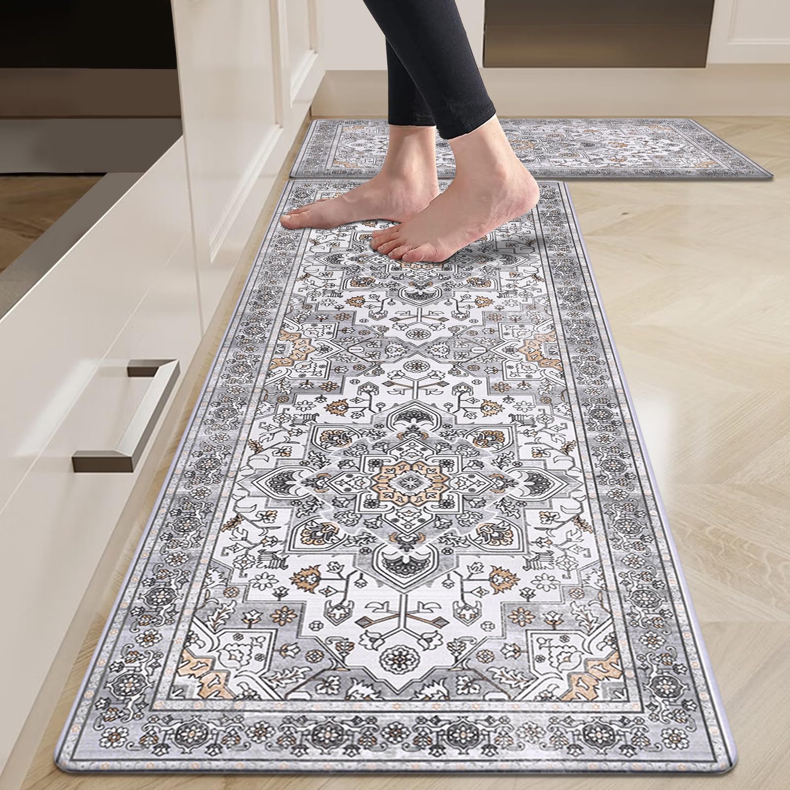 HEBE Anti Fatigue Kitchen Rugs Sets of 2, Non Slip Kitchen Mats for Floor, Waterproof Cushioned Comfort Standing Carpet for Kitchen Sink, Home Office, Laundry Room, Gray