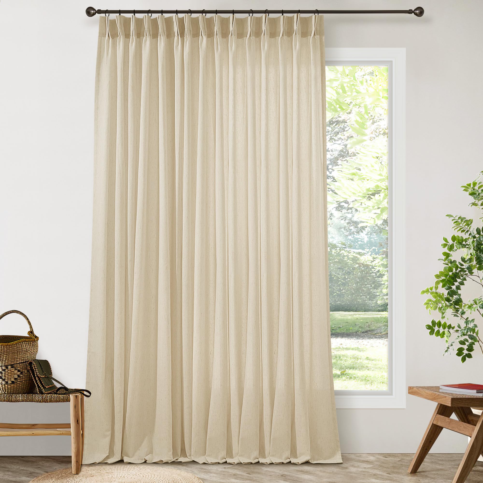 Natural Pinch Pleated Linen Curtains 72 Inches Long 72 Inch Wide for Living Room Bathroom Light Filtering Semi Sheer Shower Bath Curtain 72x72 Boho Neutral Pinch Pleated Drape Hooks Rings 1 Panel
