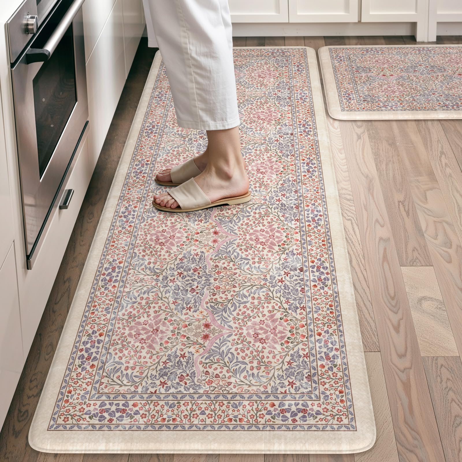 Collive Kitchen Mats for Floor 2PCS, Cushioned Anti Fatigue Mat Non Slip Waterproof Kitchen Sink Rugs, Washable Vintage Spring Floral Rug Comfort Standing Mat for Laundry, Desk, Bar, Office, Black