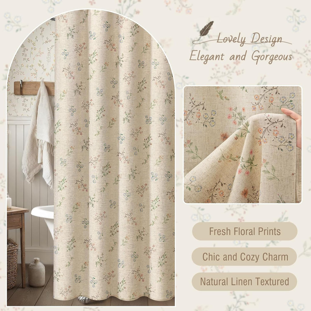 Floral Farmhouse Vintage Linen Shower Curtain, French Country Spring Shower Curtains for Bathroom, 72Wx72H
