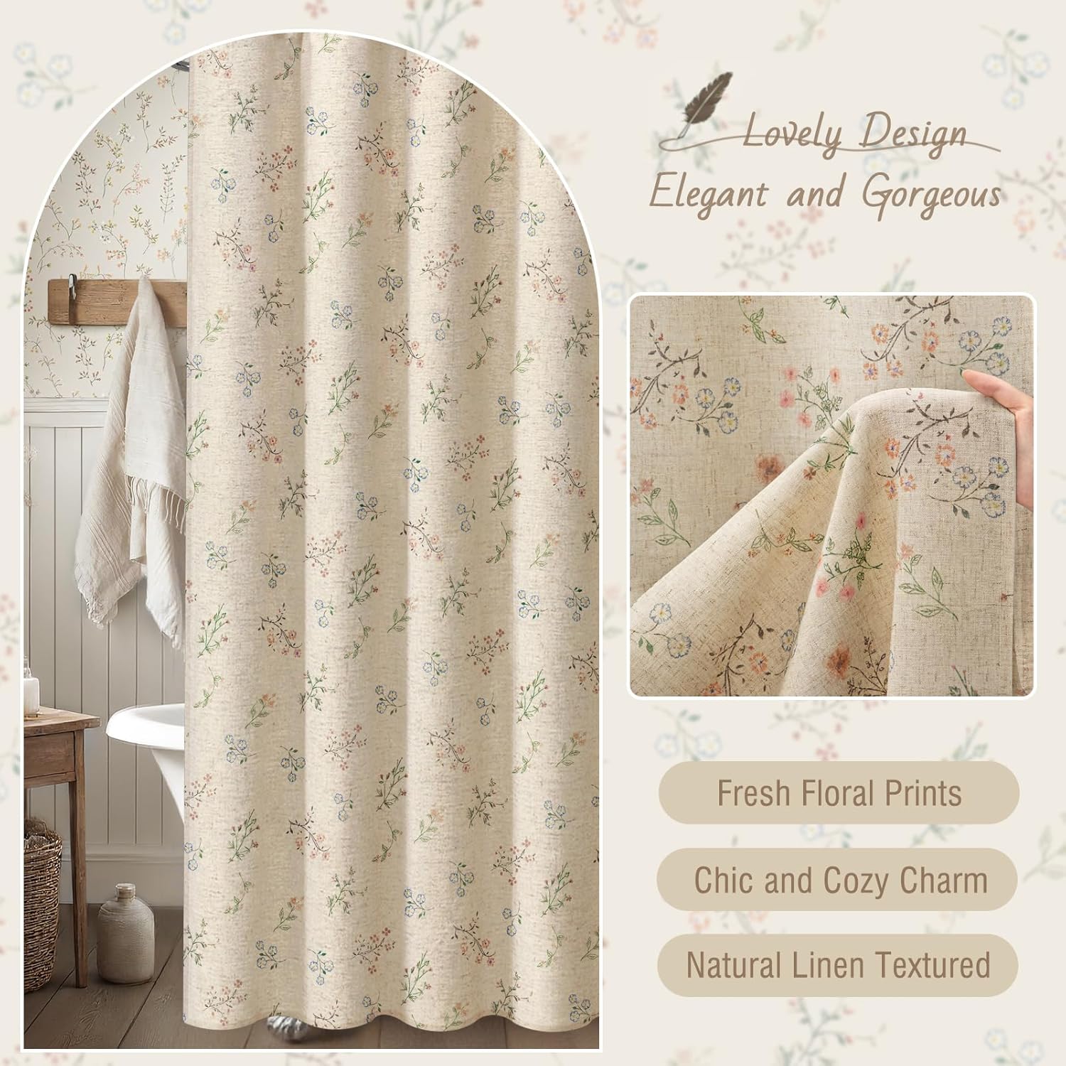 Floral Farmhouse Vintage Linen Shower Curtain, French Country Spring Shower Curtains for Bathroom, 72Wx72H