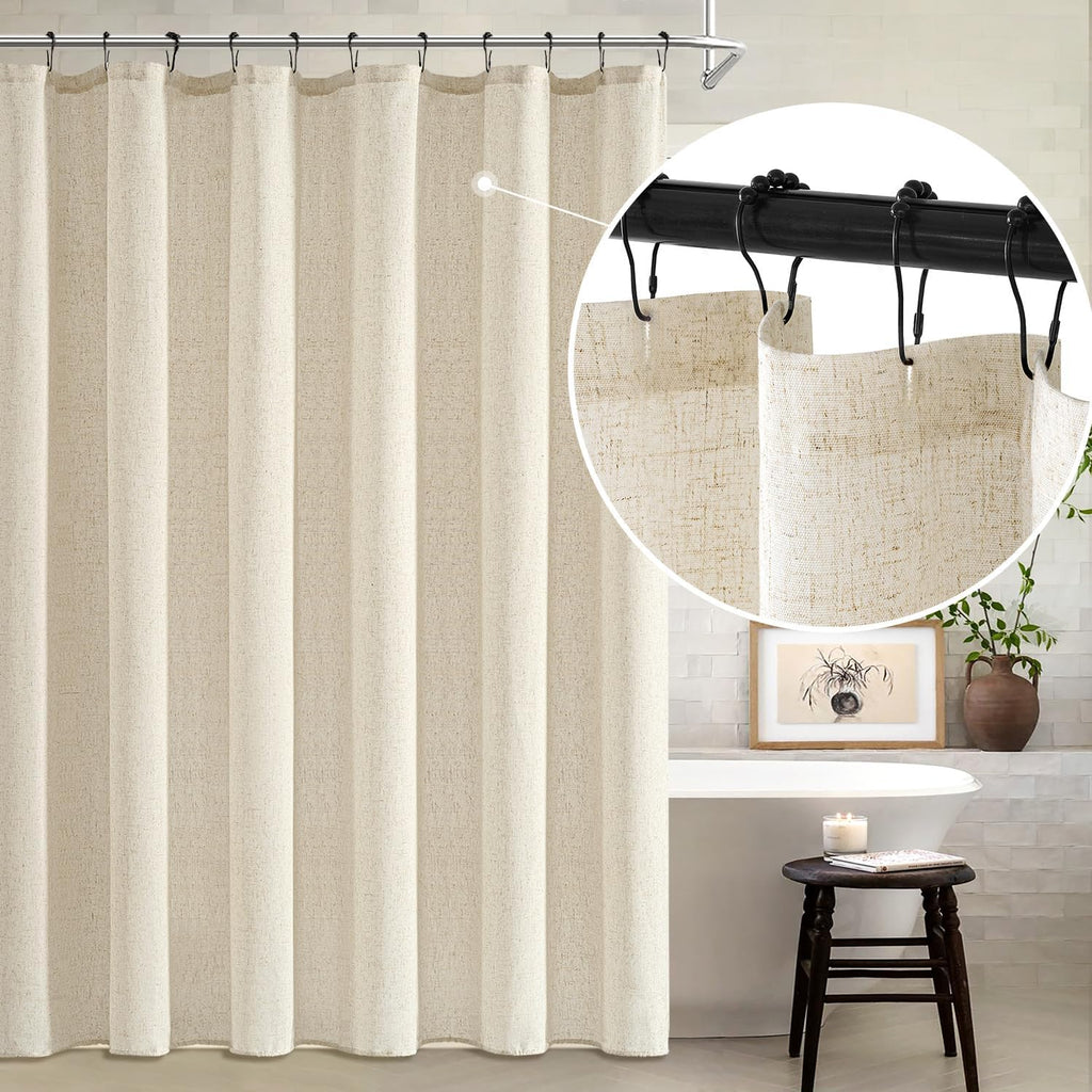 MIULEE Extra Long Linen Shower Curtain 84 Inches with 12 Metal Hooks Boho Farmhouse Heavy Buttonhole Fabric Shower Curtain Set Waterproof Thick Cloth Neutral Curtains for Bathroom W72*L84, Natural