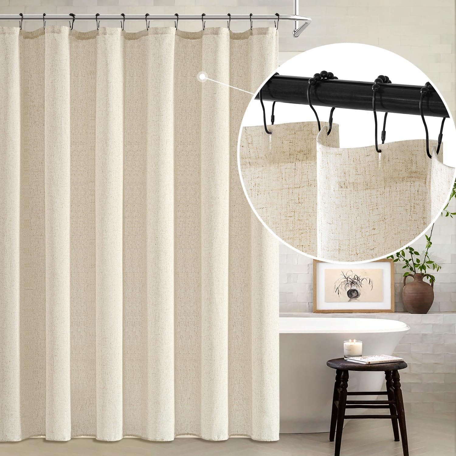 MIULEE Extra Long Linen Shower Curtain 84 Inches with 12 Metal Hooks Boho Farmhouse Heavy Buttonhole Fabric Shower Curtain Set Waterproof Thick Cloth Neutral Curtains for Bathroom W72*L84, Natural