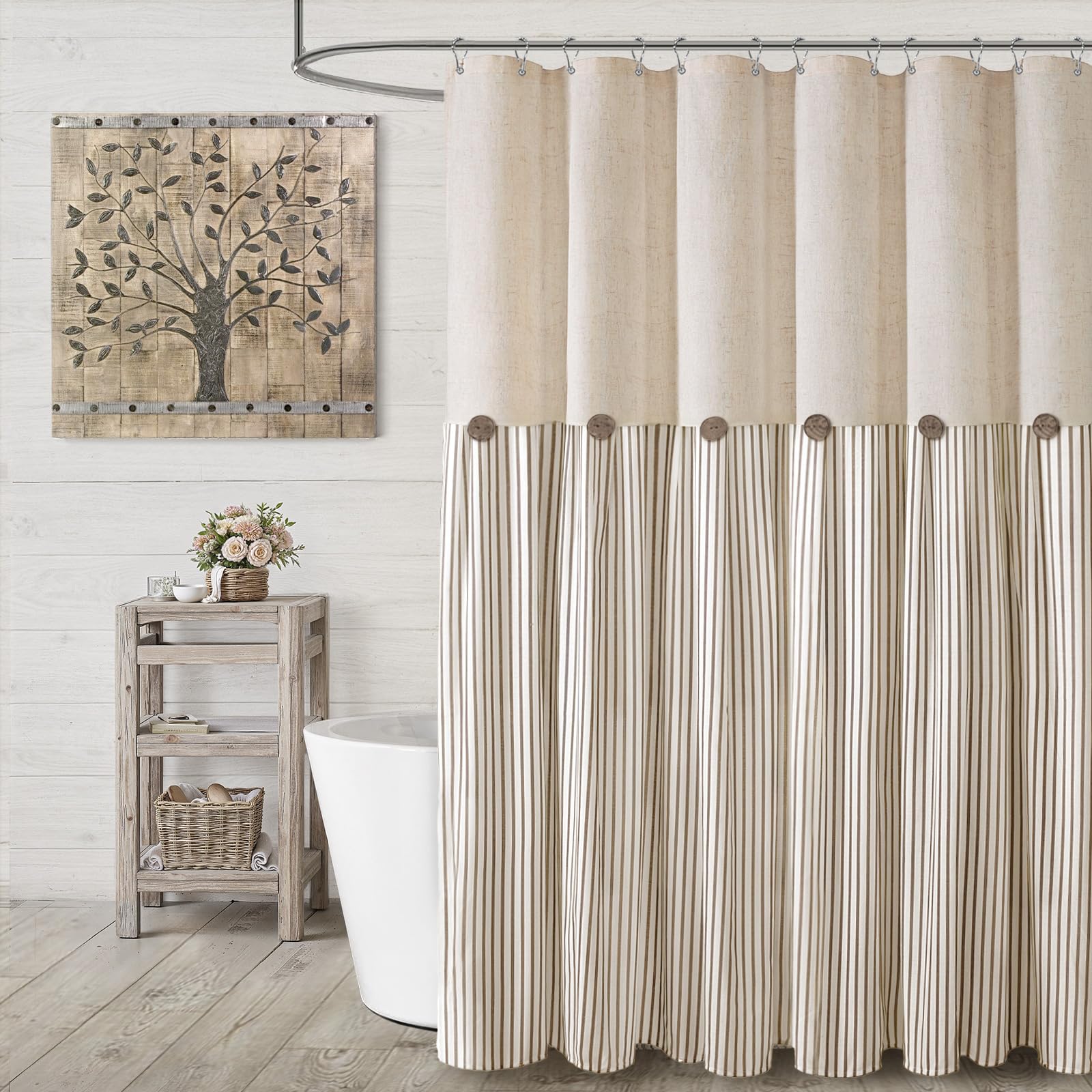 Farmhouse Shower Curtain Linen Beige Button Woven Fabric Country Rustic Western, Pleated Brown Stripe 72" W x 72" L