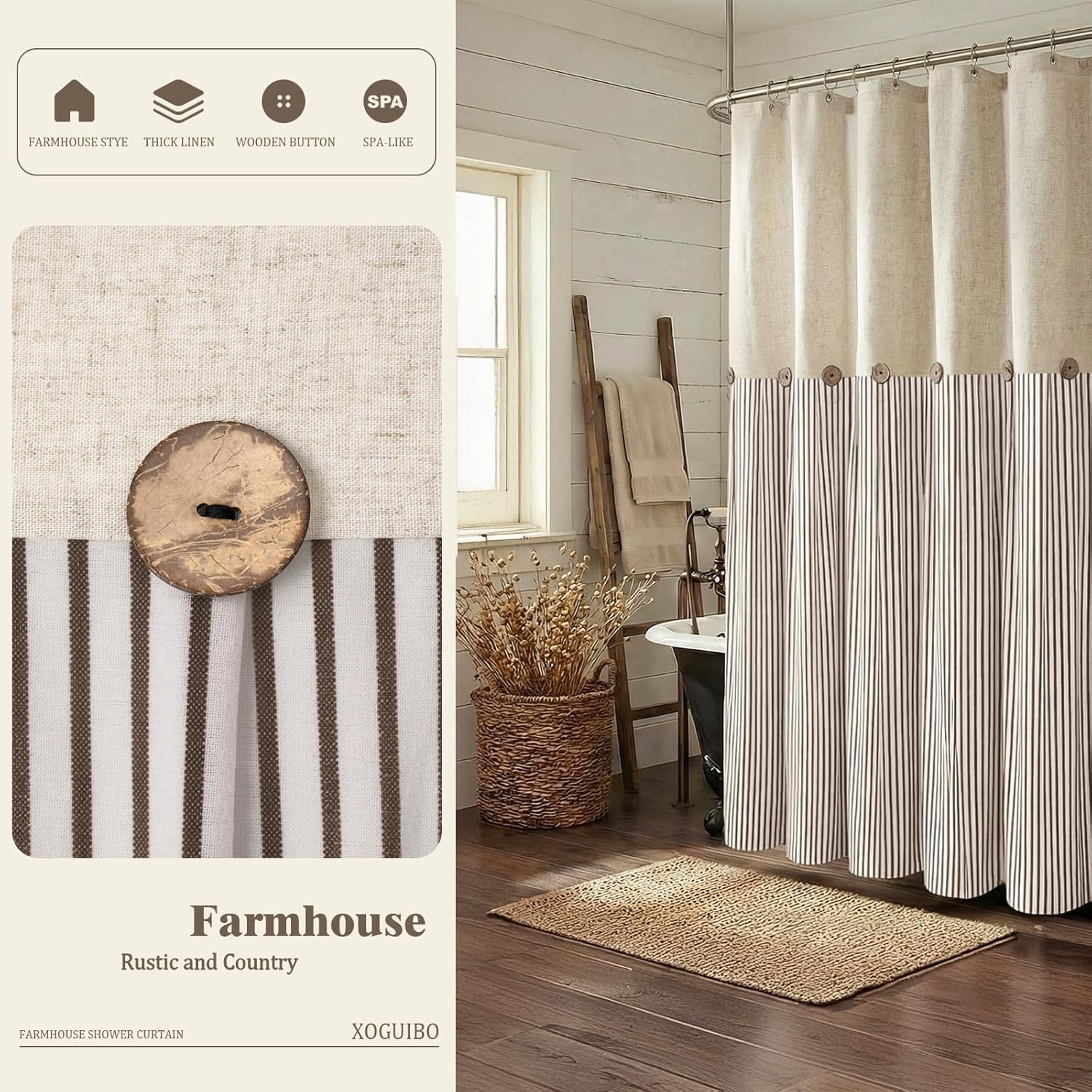 Farmhouse Shower Curtain Linen Beige Button Woven Fabric Country Rustic Western, Pleated Brown Stripe 72" W x 72" L