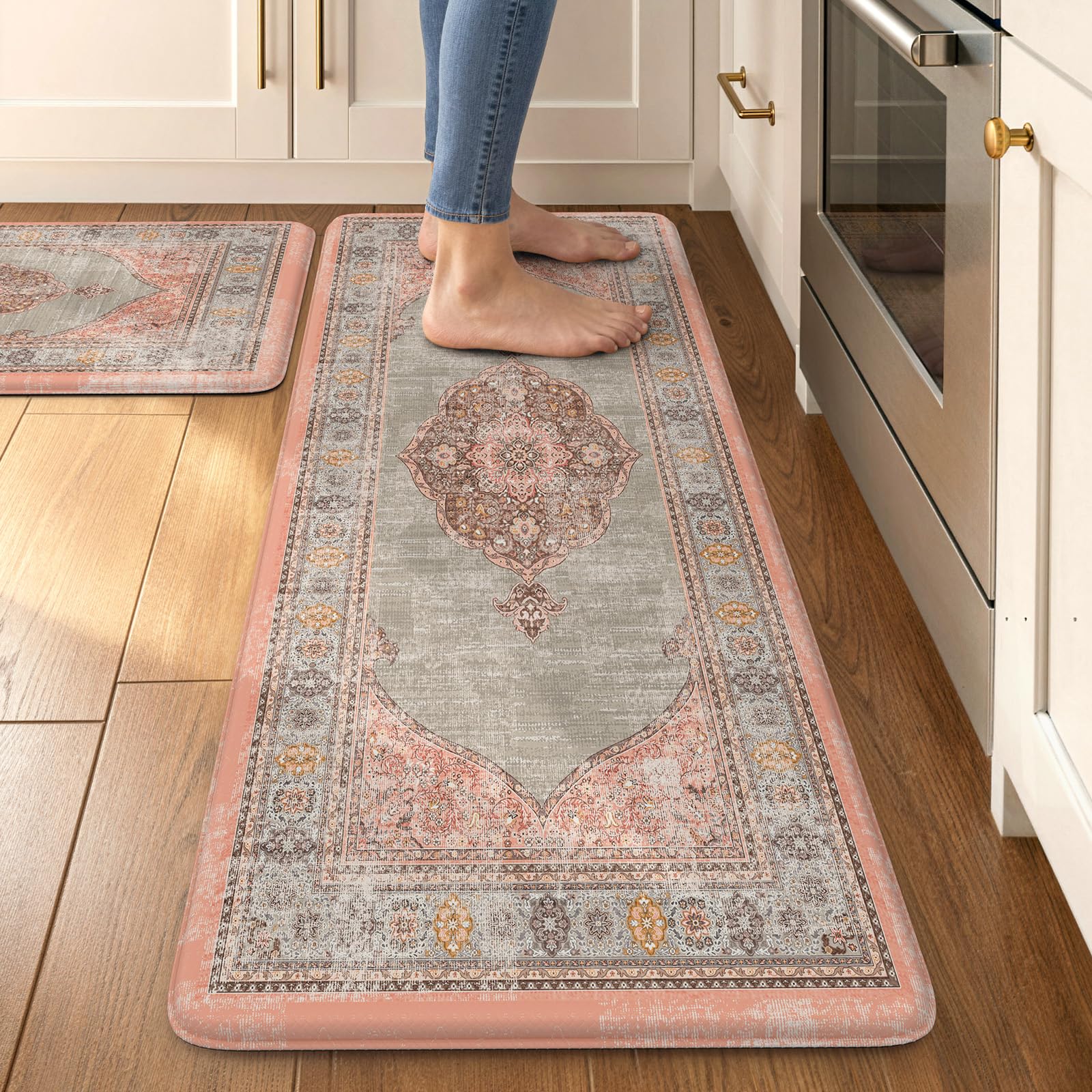 Collive Boho Kitchen Mats 2PCS, Cushioned Kitchen Mat for Floor Anti Fatigue Waterproof Kitchens Rugs Set of 2, Non Skid Comfort Standing Rug for Office, Sink, Laundry, 17.3"x29"+17.3"x47"