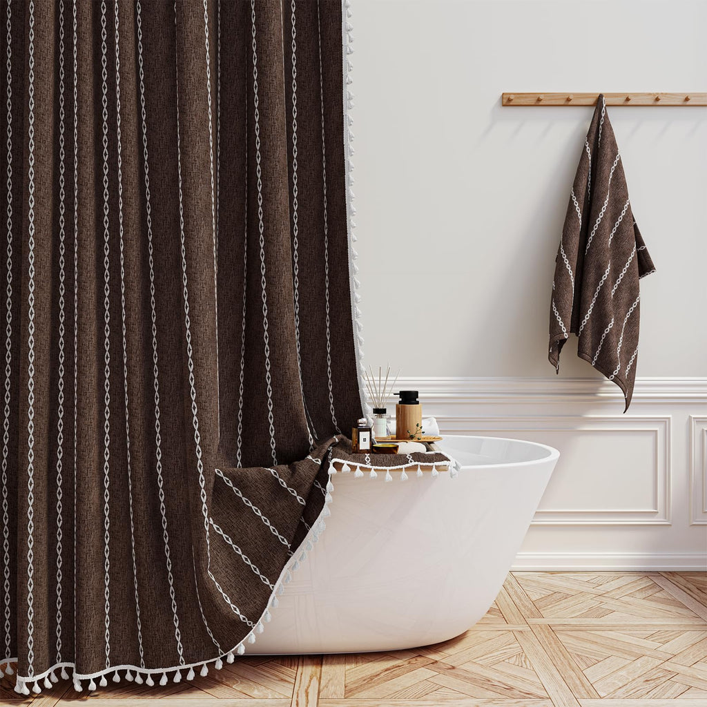BTTN Boho Farmhouse Shower Curtain, Linen Rustic Weighted Striped Cloth Shower Curtain Set with Tassel, Water Repellent, Bohemian Vintage Country Fabric Shower Curtain for Bathroom, Cream/Beige, 72x72