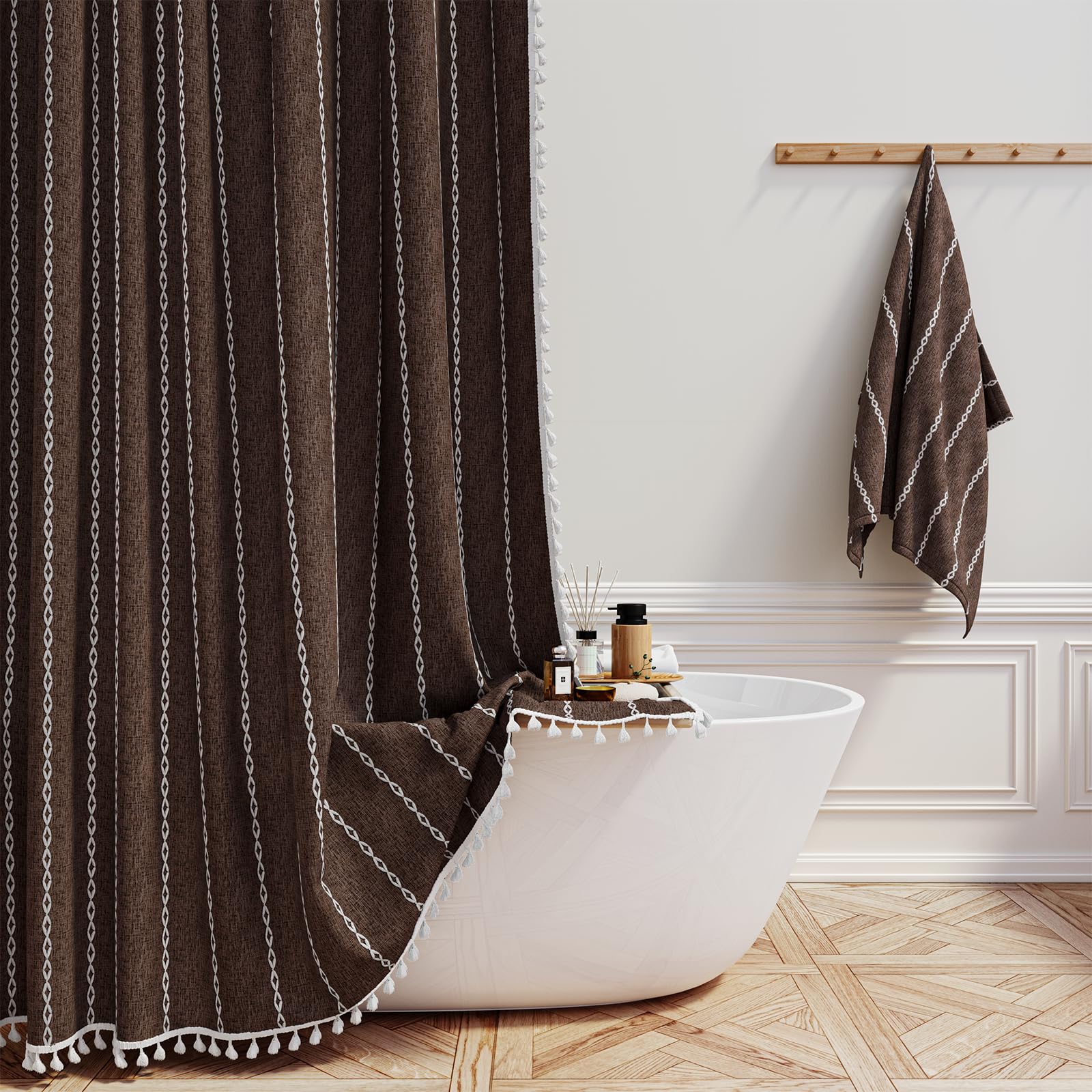 BTTN Boho Farmhouse Shower Curtain, Linen Rustic Weighted Striped Cloth Shower Curtain Set with Tassel, Water Repellent, Bohemian Vintage Country Fabric Shower Curtain for Bathroom, Cream/Beige, 72x72