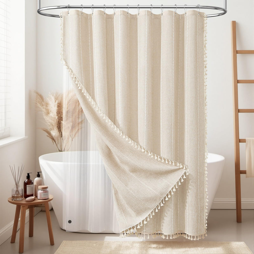 BTTN Boho Farmhouse Shower Curtain, Linen Rustic Weighted Striped Cloth Shower Curtain Set with Tassel, Water Repellent, Bohemian Vintage Country Fabric Shower Curtain for Bathroom, Cream/Beige, 72x72