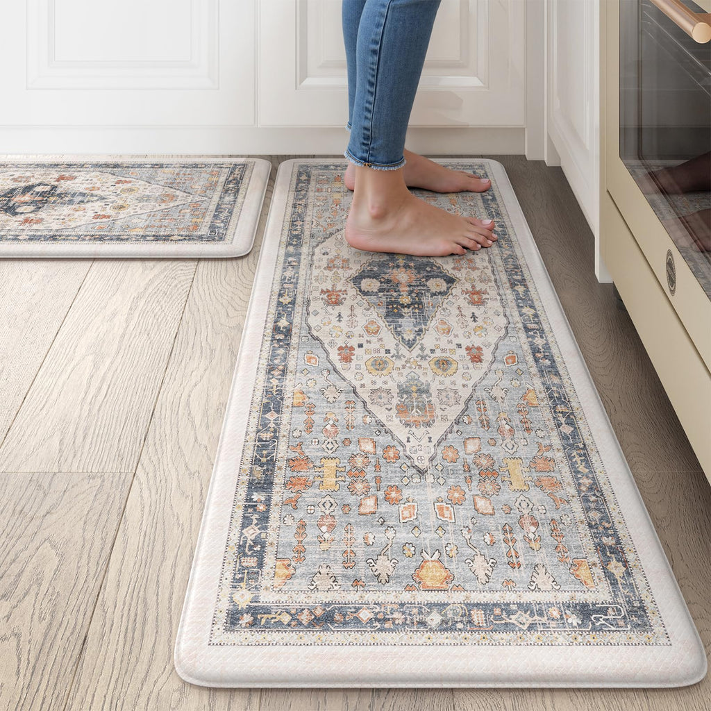 Collive Boho Kitchen Mats 2PCS, Cushioned Kitchen Mat for Floor Anti Fatigue Waterproof Kitchens Rugs Set of 2, Non Skid Comfort Standing Rug for Office, Sink, Laundry, 17.3"x29"+17.3"x47"