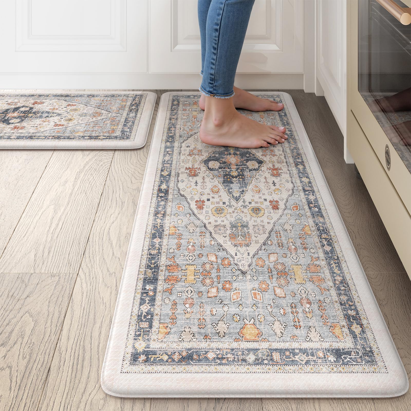 Collive Boho Kitchen Mats 2PCS, Cushioned Kitchen Mat for Floor Anti Fatigue Waterproof Kitchens Rugs Set of 2, Non Skid Comfort Standing Rug for Office, Sink, Laundry, 17.3"x29"+17.3"x47"