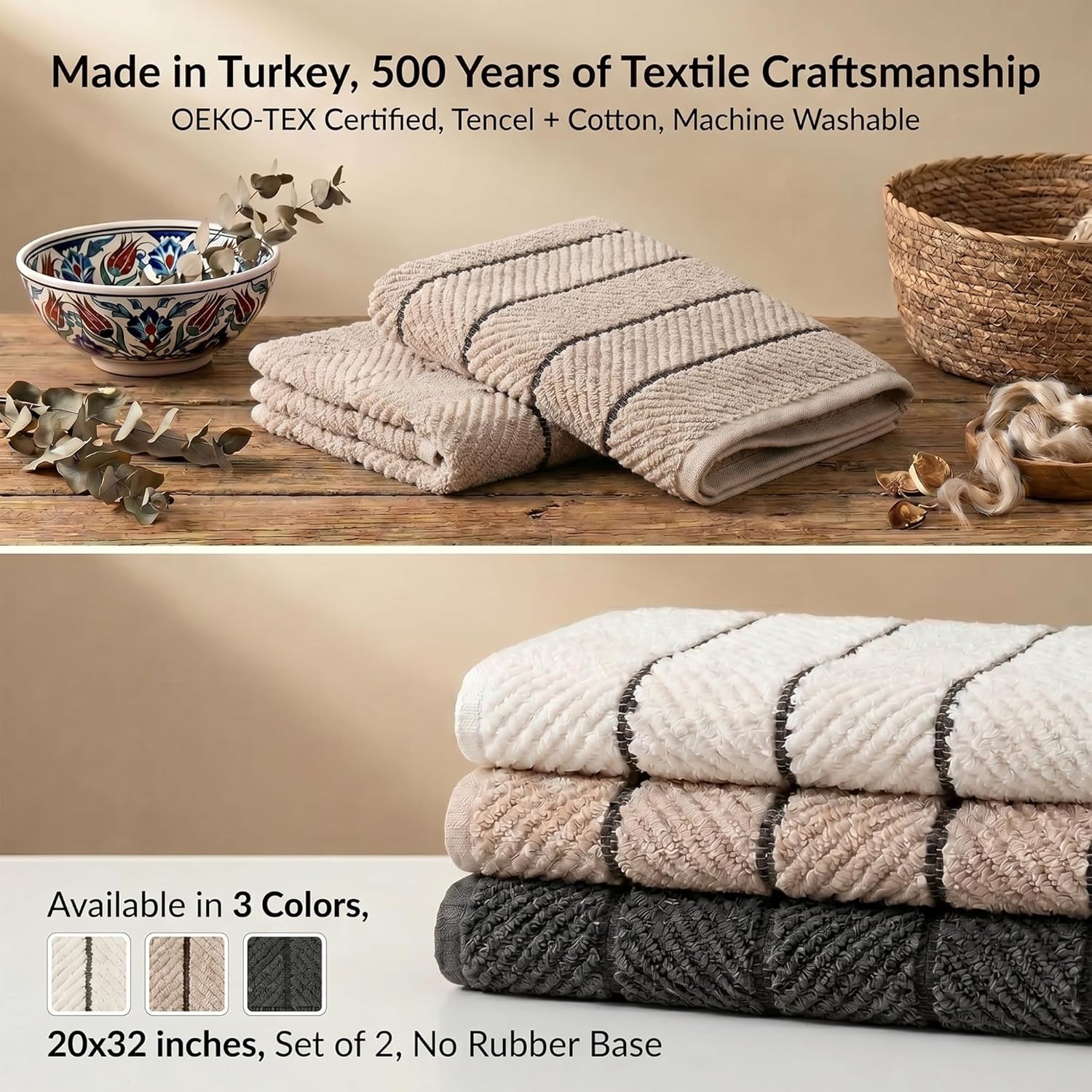 Herringbone Bath Mat Set of 2, Turkish Cotton Tencel Blend, Absorbent Quick Dry, 20x32 Inch, Oeko-TEX Certified, Made in Turkey