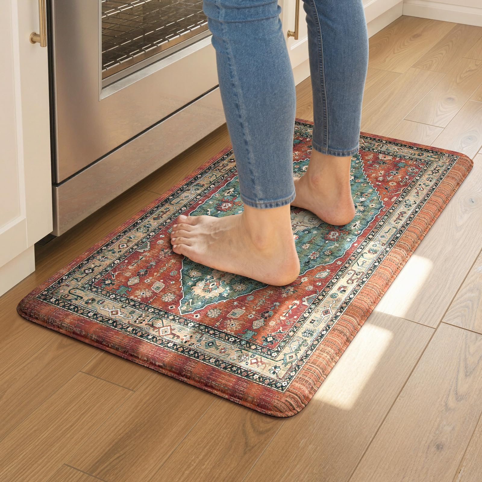 Collive Boho Kitchen Mats 2PCS, Cushioned Kitchen Mat for Floor Anti Fatigue Waterproof Kitchens Rugs Set of 2, Non Skid Comfort Standing Rug for Office, Sink, Laundry, 17.3"x29"+17.3"x47"