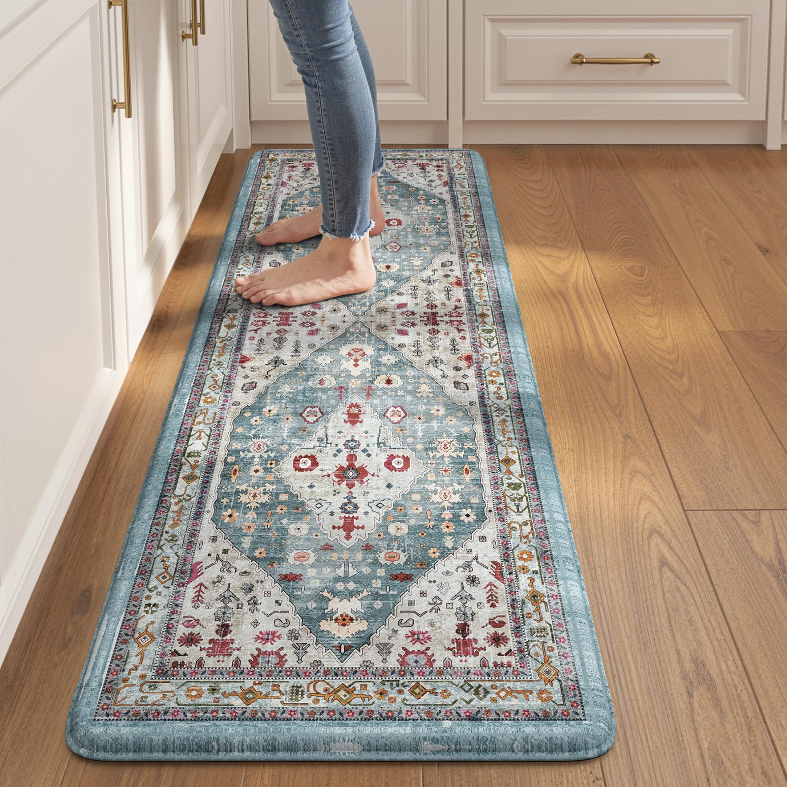 Collive Boho Kitchen Mats 2PCS, Cushioned Kitchen Mat for Floor Anti Fatigue Waterproof Kitchens Rugs Set of 2, Non Skid Comfort Standing Rug for Office, Sink, Laundry, 17.3"x29"+17.3"x47"