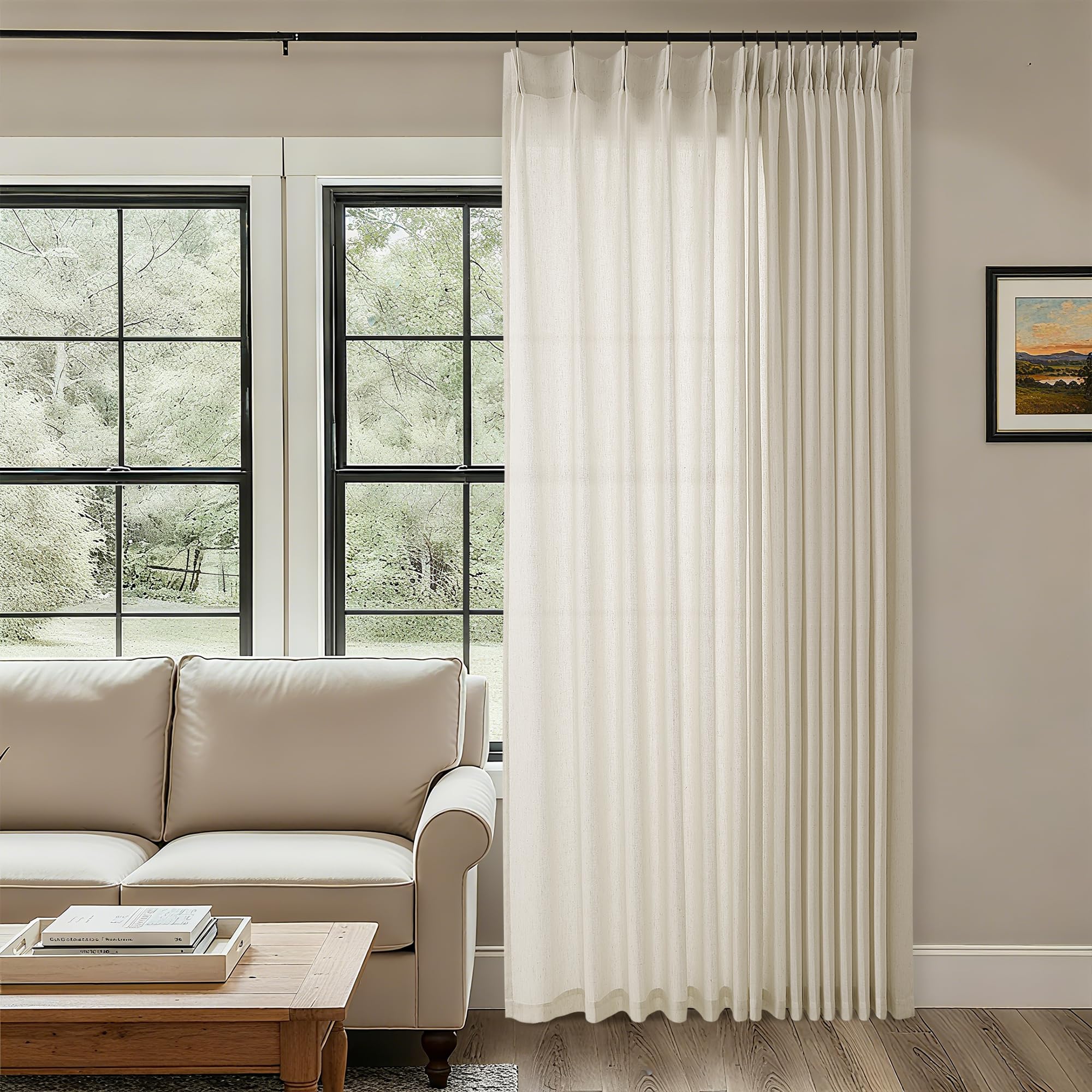 Natural Pinch Pleated Linen Curtains 72 Inches Long 72 Inch Wide for Living Room Bathroom Light Filtering Semi Sheer Shower Bath Curtain 72x72 Boho Neutral Pinch Pleated Drape Hooks Rings 1 Panel