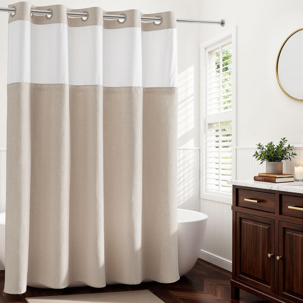 River Dream Linen Textured No Hook Shower Curtain with Snap-in Liner, Farmhouse Quick Dry Fabric Shower Curtain for Bathroom,Rustic Bathroom Set,See-Through Top Window,Water-Repellent,Linen,71Wx74L