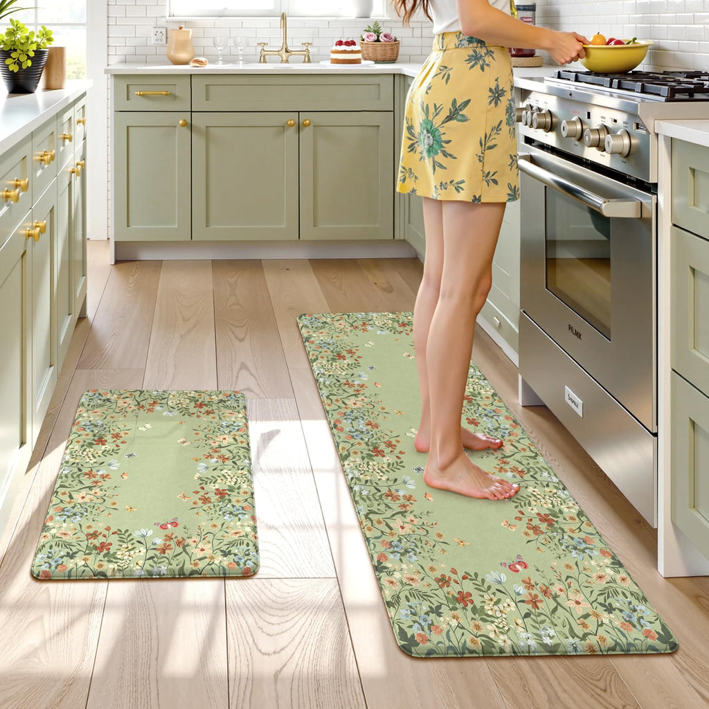 KIMODE Anti Fatigue Kitchen Mats for Floor, Boho Floral Kitchen Rugs Sets of 2, Cushioned Kitchen Floor Mats Non Slip, Comfort Spring Rugs for Kitchen Floor Sink Laundry Desk Beige 17.3"x29"+17.3"x47"