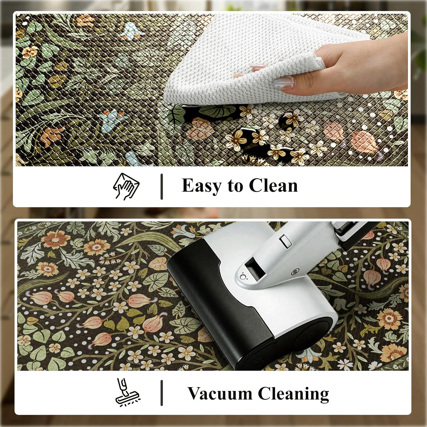 Collive Kitchen Mats for Floor 2PCS, Cushioned Anti Fatigue Mat Non Slip Waterproof Kitchen Sink Rugs, Washable Vintage Spring Floral Rug Comfort Standing Mat for Laundry, Desk, Bar, Office, Black