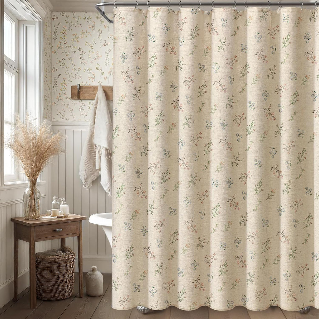 Floral Farmhouse Vintage Linen Shower Curtain, French Country Spring Shower Curtains for Bathroom, 72Wx72H