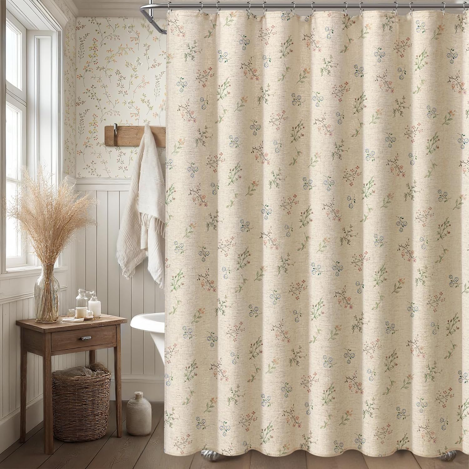 Floral Farmhouse Vintage Linen Shower Curtain, French Country Spring Shower Curtains for Bathroom, 72Wx72H