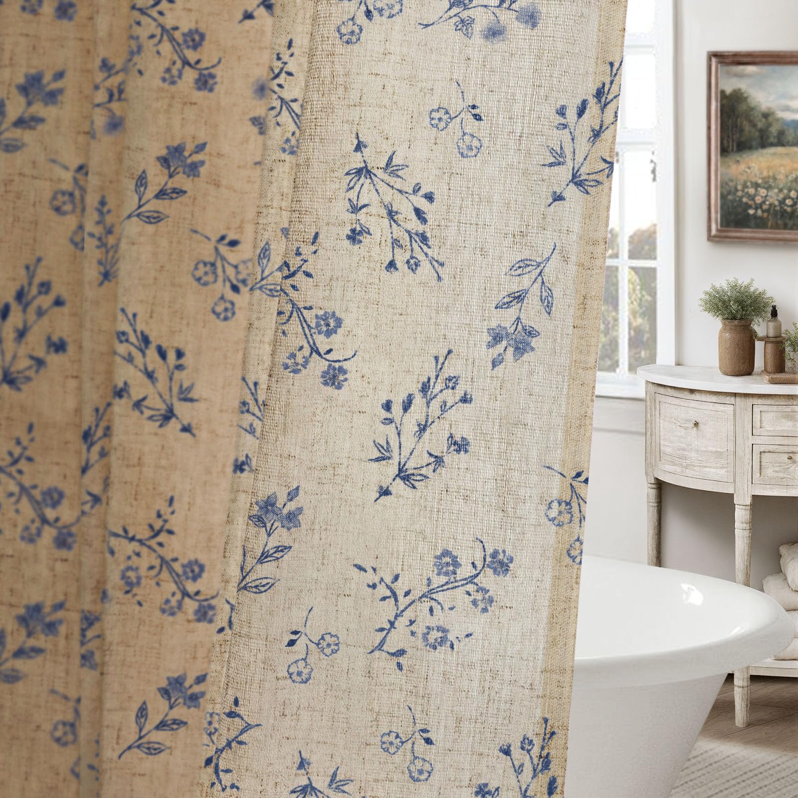 Floral Farmhouse Vintage Linen Shower Curtain, French Country Spring Shower Curtains for Bathroom, 72Wx72H
