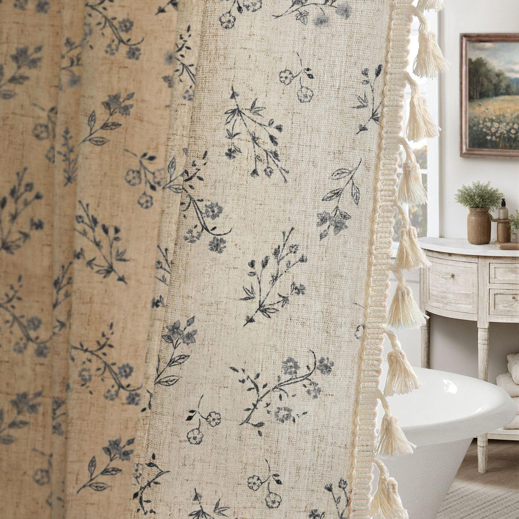 Floral Farmhouse Vintage Linen Shower Curtain, French Country Spring Shower Curtains for Bathroom, 72Wx72H