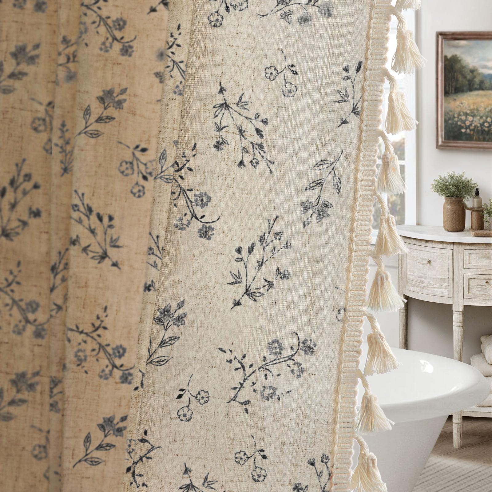 Floral Farmhouse Vintage Linen Shower Curtain, French Country Spring Shower Curtains for Bathroom, 72Wx72H
