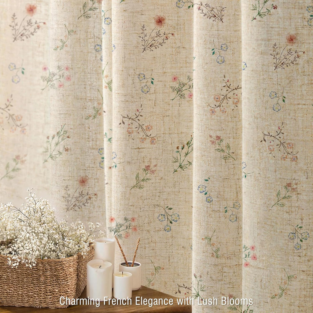 Floral Farmhouse Vintage Linen Shower Curtain, French Country Spring Shower Curtains for Bathroom, 72Wx72H