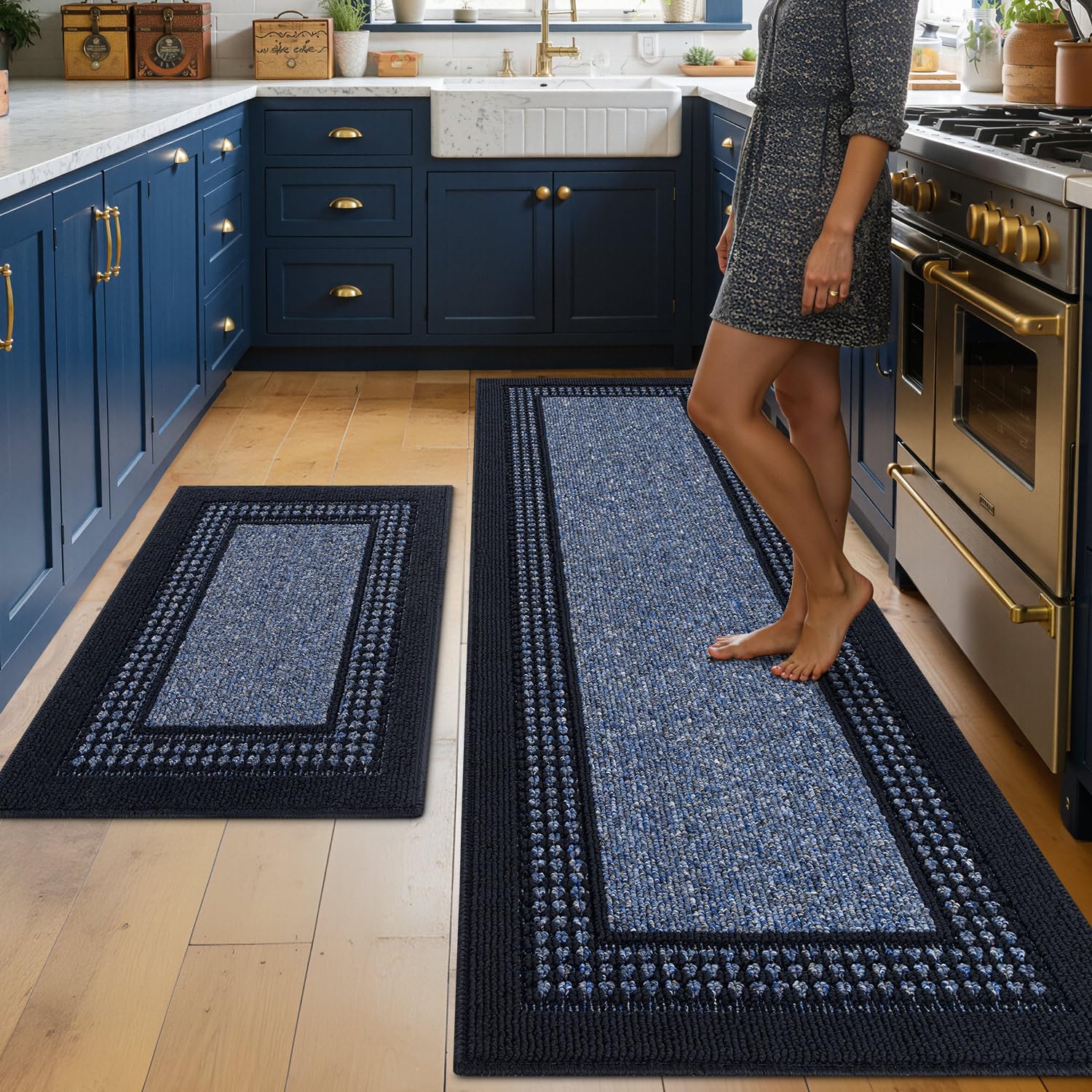 hicorfe Kitchen Runner Rugs,Set of 2 Non Slip Kitchen Mats for Floor,Vintage Stain Resistant Kitchen Mat Floor Carpet for Hallways Entryway Laundry Room Washable(20"x59"+20"x48",Grey)