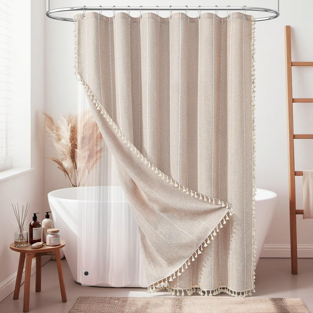 BTTN Boho Farmhouse Shower Curtain, Linen Rustic Weighted Striped Cloth Shower Curtain Set with Tassel, Water Repellent, Bohemian Vintage Country Fabric Shower Curtain for Bathroom, Cream/Beige, 72x72