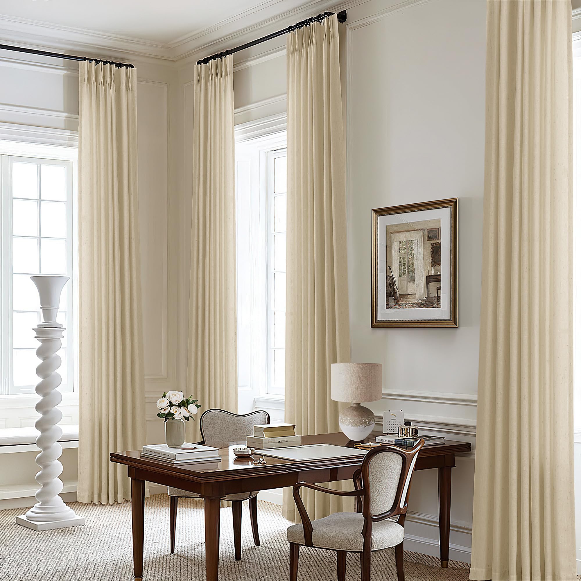 Natural Pinch Pleated Linen Curtains 72 Inches Long 72 Inch Wide for Living Room Bathroom Light Filtering Semi Sheer Shower Bath Curtain 72x72 Boho Neutral Pinch Pleated Drape Hooks Rings 1 Panel