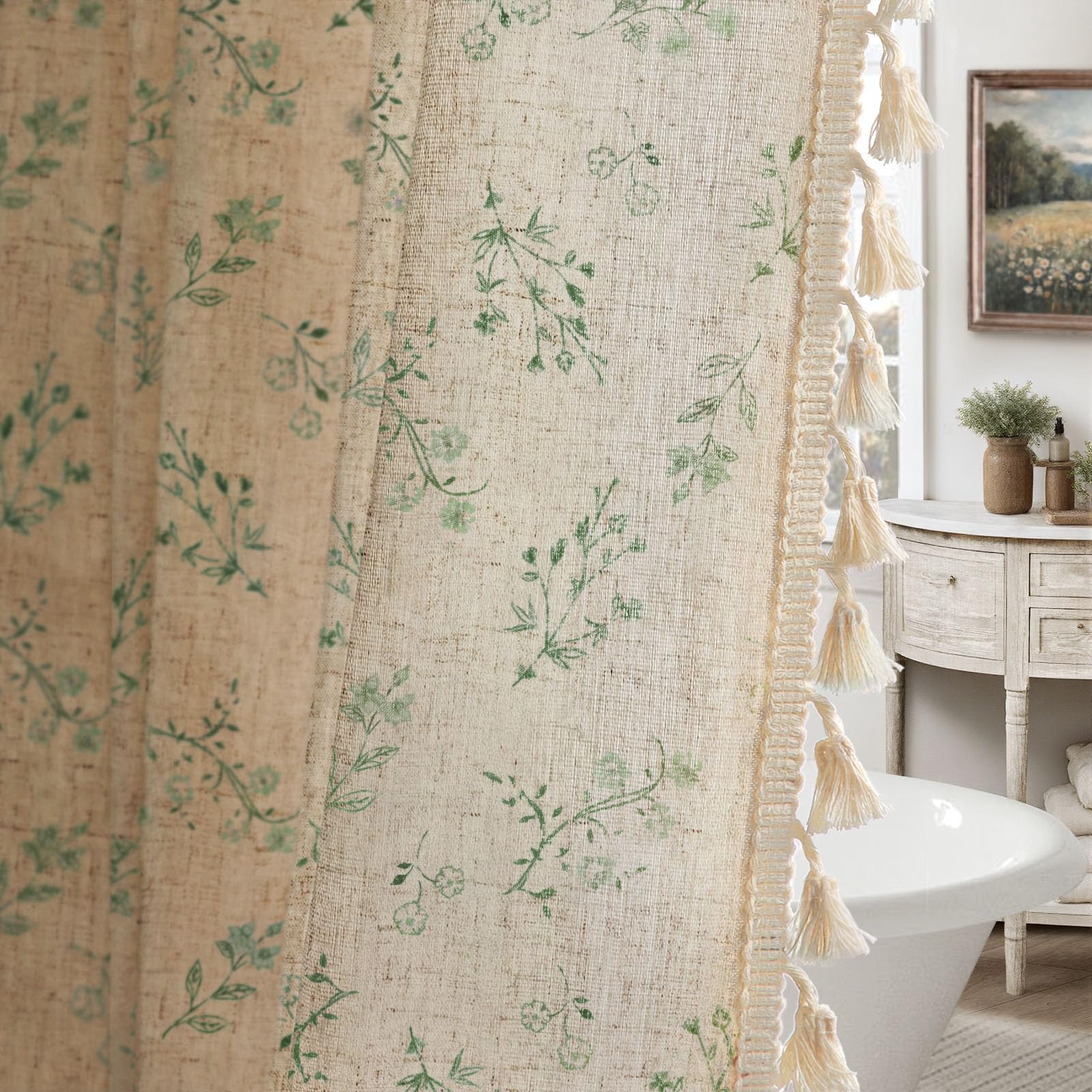 Floral Farmhouse Vintage Linen Shower Curtain, French Country Spring Shower Curtains for Bathroom, 72Wx72H